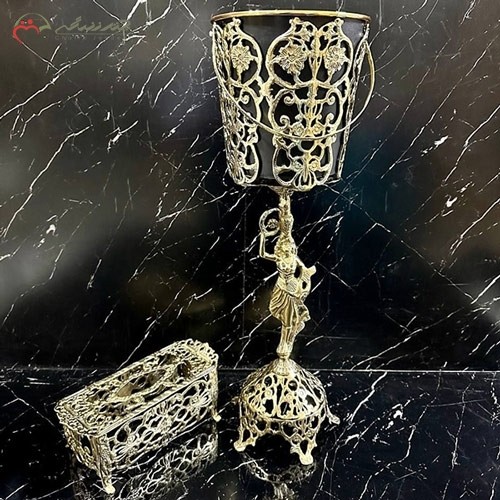 خرید، سطل و جا دستمالی بزرگ برنزی، طرح  زیبا بانو و گل، زیر قیمت بازار | هنرظریف