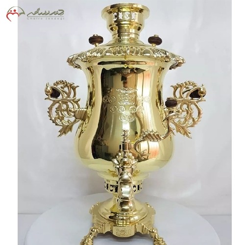 خرید آنلاین، سماور شکیل و براق 8 لیتری زغالی برنجی با بدنه ی ریخته گری شده کد 114 در دو رنگ آنتیک و طلایی، مدل کاپ گرند، دارای گارانتی، با قیمت مناسب | هنرظریف