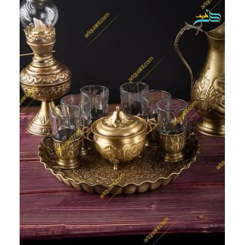 سرویس سماور ۶ لیتری برنجی زغالی با روکش نانو | ارتفاع ۵۷ سانتی با قوری
