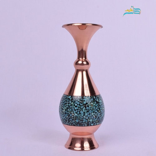 گلدان مسی صراحی 20 فیروزه کوبی ورق ضخیم با فیروزه اصل نیشابور - هنرظریف