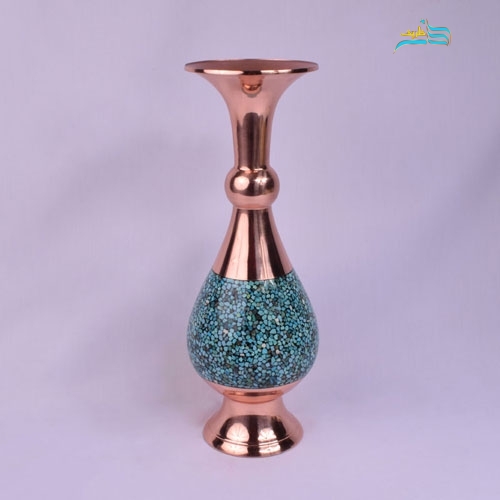 گلدان مسی صراحی 40 فیروزه کوبی ورق ضخیم و فیروزه اصل نیشابور
