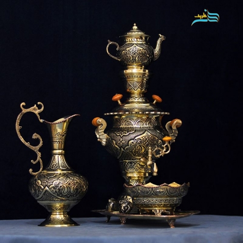سرویس کامل سماور قلمزنی برنجی با طرح اسلیمی - هنرظریف