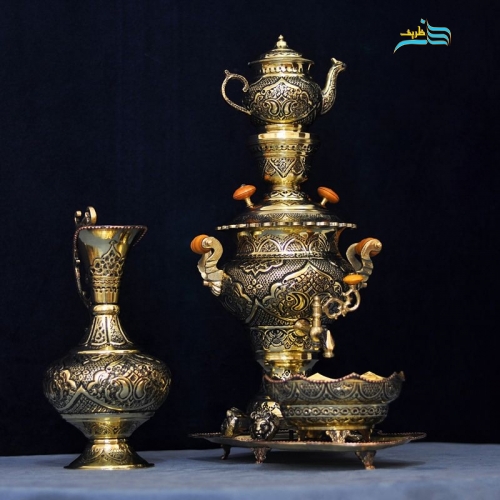 سرویس سماور برنجی قلمزنی ریز نقش اعلاء طرح اسلیمی امضا دار