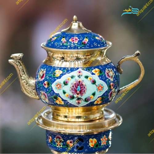 سرویس سماور برنجی تذهیب کاری تماماً کار دست با پوشش پلی استر