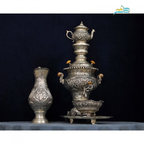 سرویس سماور چای خوری و تنگ شاخدار برنجی با روکش کوره ای نقره