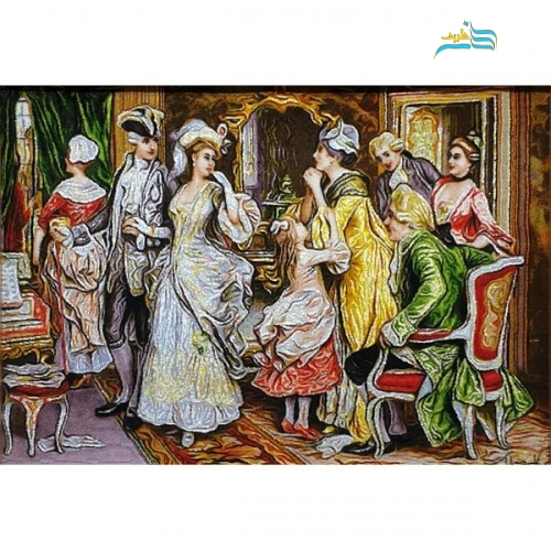 نمای کامل از تابلو فرش با قاب چوبی و طرح مهمانی، نمایش ابعاد ۹۳×۷۳.