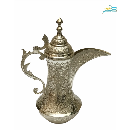 قهوه جوش برنجی قلمزنی گل و مرغ برجسته آبکاری نقره ۳۳ سانتی