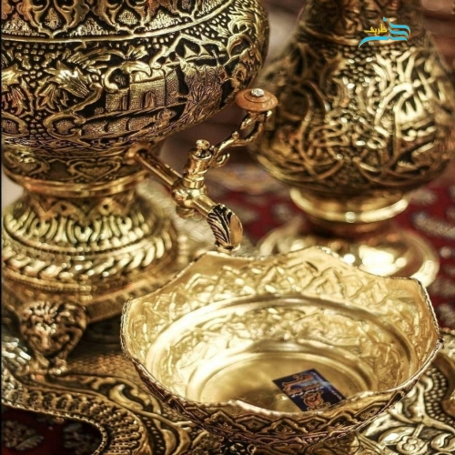 سرویس سماور برنجی ۴ لیتری قلمزنی شبه طلا با پوشش نانو و سینی