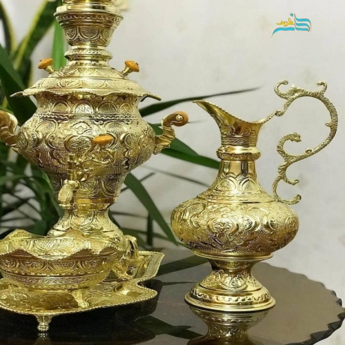 سرویس سماور زغالی برنجی ۳.۵ لیتری دست ساز شبه طلا با گارانتی