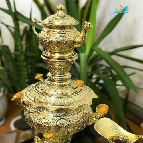 سرویس سماور زغالی برنجی ۳.۵ لیتری دست ساز شبه طلا با گارانتی