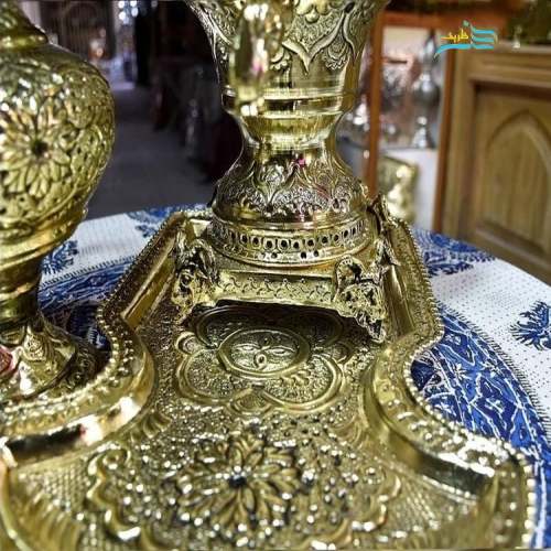 سرویس ۵ تکه سماور قلمزنی برنجی آبکاری زرد و سیاه قلم با گارانتی