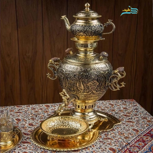 سرویس سماور زغالی برنجی قلمزنی گل و مرغ لعاب طلایی دست ساز