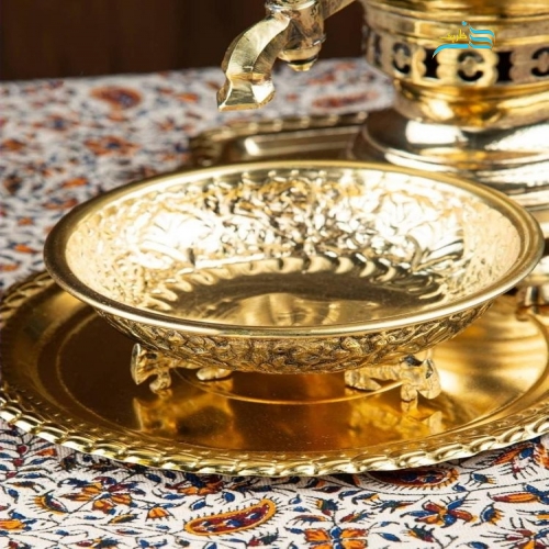 سرویس سماور زغالی برنجی قلمزنی گل و مرغ لعاب طلایی دست ساز
