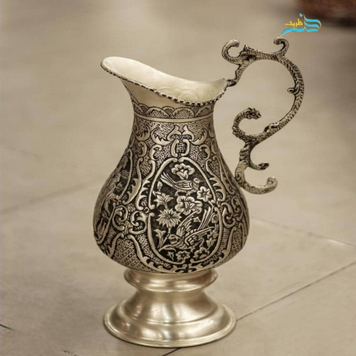 سماور دکوری برنجی سیاه قلم پتینه نقره کوره ای ۶۳ سانتی دست ساز