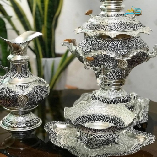 سرویس سماور ۵ لیتری برنجی قلمزنی آبکاری نقره کوره ای ۶۶ سانتی