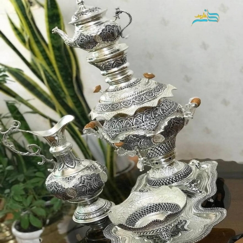 سرویس سماور ۵ لیتری برنجی قلمزنی آبکاری نقره کوره ای ۶۶ سانتی