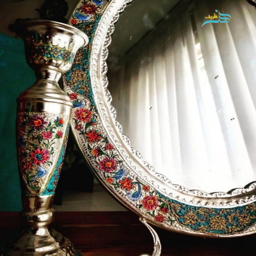 آینه شمعدان قلمزنی برنجی روکش نقره با نقاشی دست و حک نام عروس