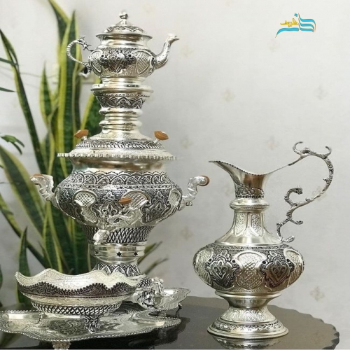 سرویس سماور زغالی برنجی ۵ لیتری آبکاری نقره کوره ای ۶۶ سانتی