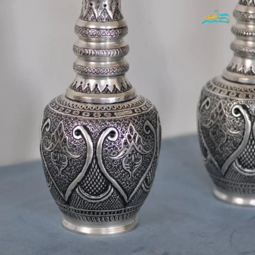 سرویس سماور و تنگ شاخدار برنجی قلمزنی اسلیمی روکش نقره استاد رحمتی