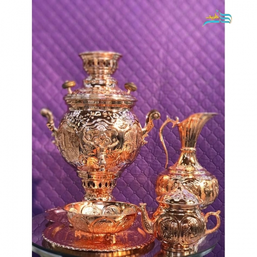 سماور برنجی ۵ لیتری قلم زنی روکش مس کوره ای ورق ضخیم با طرح زیبا