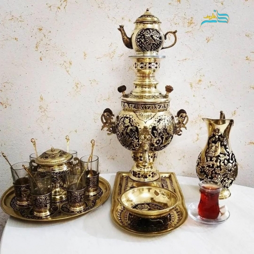 سرویس سماور زغالی ۳ لیتری توپی دسته توری طرح گل و مرغ ۱۳ تکه