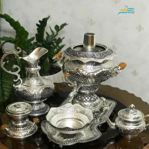 نمای سرویس کامل سماور برنجی رروکش نقره