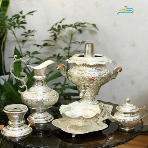 نمای سرویس کامل سماور برنجی روکش نقره