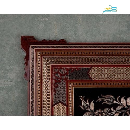 تابلو قلمزنی مسی نقش برجسته سیاه قلم با قاب خاتم ۱۰۳×۶۳