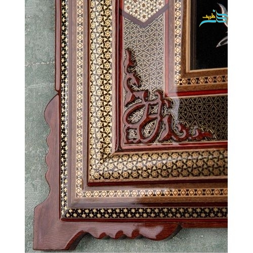 تابلو قلمزنی مسی طرح گل و مرغ ۶۳×۵۳ با قاب خاتم درجه یک