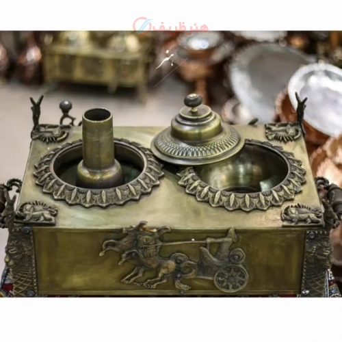 منقل سماوری برنجی سنگین وزن طرح قاجار آنتیک ۳۵ سانتی