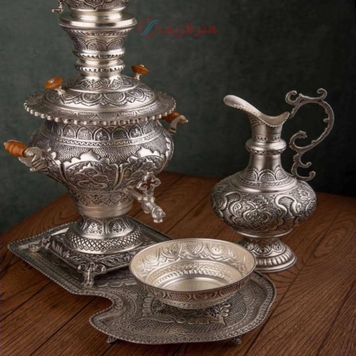 سرویس سماور برنجی ۳.۵ لیتری روکش نقره قلمزنی ریزه نانو