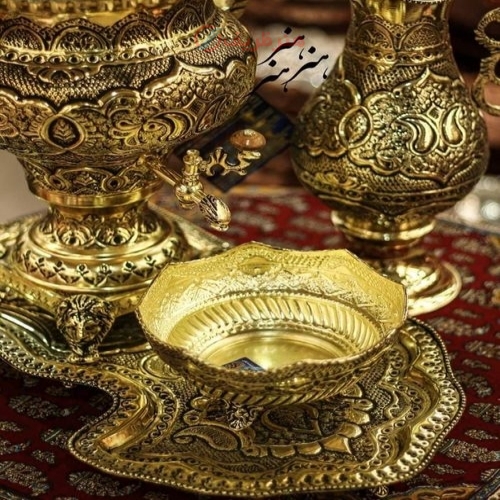 سرویس سماور برنجی قلمزنی ۵ لیتری سیاه قلم آبکاری شبه طلا