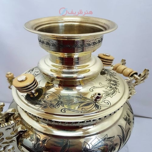 سماور برنجی زغالی ۶ لیتری مدل عدسی دسته ملکه کنده کاری سنتی خاص و انحصاری