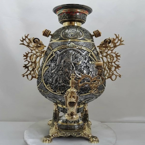 سماور زغالی ۸ لیتری مدل جام سیاه قلم، نقش شکارگاه، اسلیمی، گل مرغ و بزم