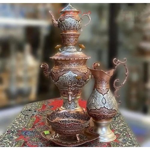 سرویس سماور زغالی قلمزنی برنجی ٣ لیتری آبکاری کوره ای - هنرظریف