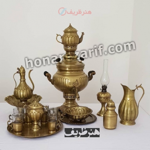 سرویس کامل سماورزغالی برنجی 6 لیتری عدسی آینه ریز بهمراه چایخوری، آفتابه لگن و چراغ گردسوز - هنرظریف