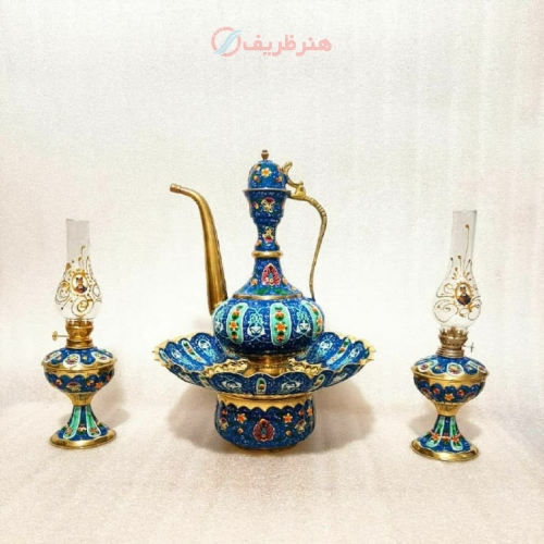 آفتابه لکن و چراغ گردسوز میناکاری برنجی