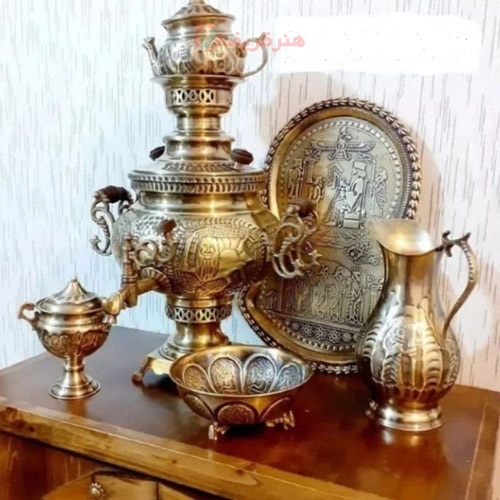 سماور ذغالی برنجی 6 لیتری، مدل عدسی، دسته ماهی - هنرظریف