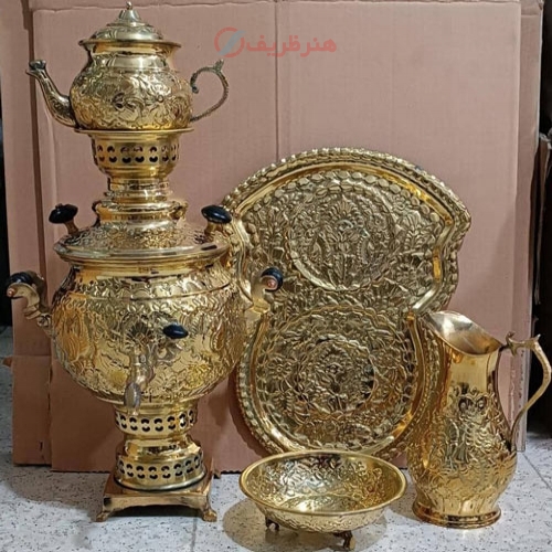 سرویس سماور زغالی 4 لیتری برنجی، با قلم زنی اعلاء، سنگین وزن