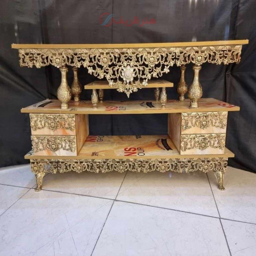 میز تلوزیون برنزی مدل گل سرخ، رویه ام دی اف طرح مرمر، بسیار زیبا و شیک، برنز درجه 1، با ضمانت کیفیت کالا - هنرظریف