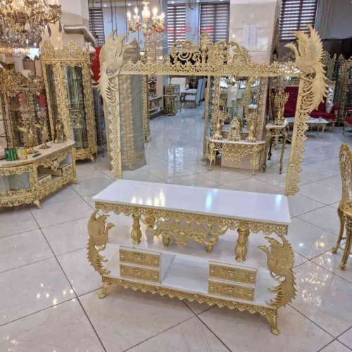 میز تلویزیون چهار کشو طرح سیمرغ، روکش برنز، قابدار با کیفیت بالا و رنگ ثابت محصول اصفهان - هنرظریف
