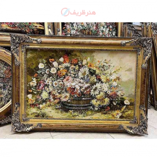 تابلو فرش دستبافت، گل گلدان چله ابریشم پر از ابریشم 50 رج، قاب چوبی درجه یک - هنرظریف