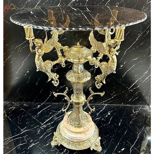 میز خاطره برنزی، گرد با طرح شیک 4 فرشته بالدار دور ستون لانه زنبوری، کاملا جدید - هنرظریف