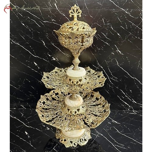 ست پذیرایی میوه خوری و شکلات خوری از جنس برنز سه طبقه با پایه های سنگی سفید، شکیل و زیبا - هنرظریف