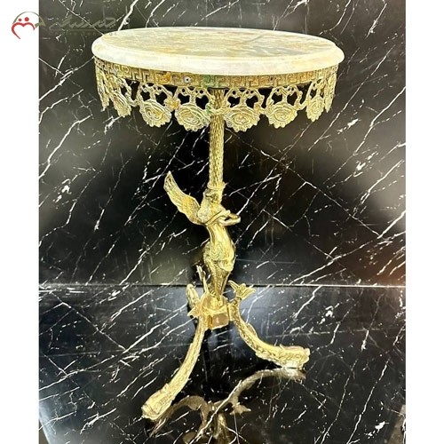 میز خاطره برنزی طلایی رنگ طرح فرشته و شاه ماهی، صفحه سنگی مرمر اعلاء - هنرظریف