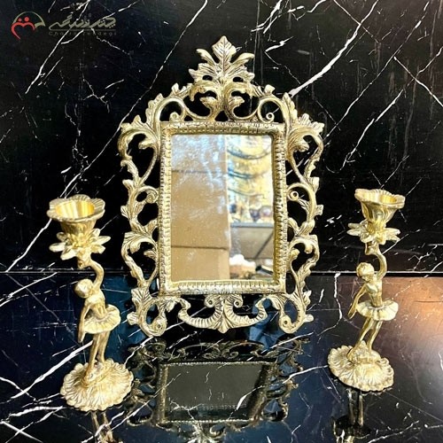 آینه و شمعدان برنزی طلایی کد 12 طرح برگ درخت و طلایی، سه تیکه با شمعدان کوچک - هنرظریف