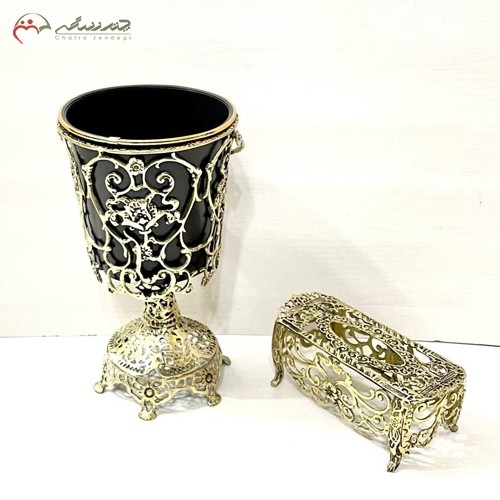 جا دستمال کاغذی برنزی گل رز و سطل پایه دار توری، طلایی رنگ، پر کار و شکیل