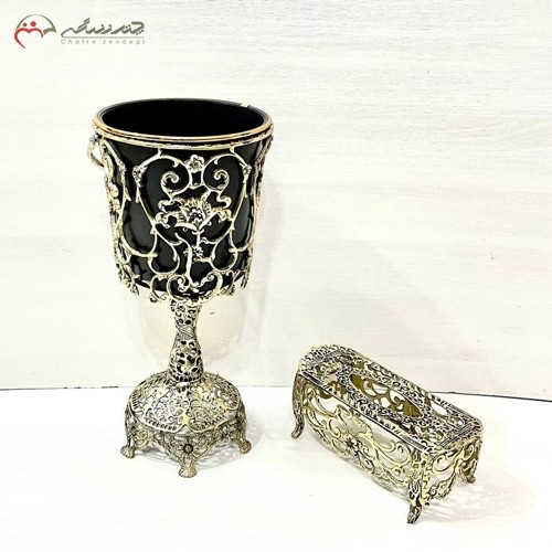 سطل و جا دستمال کاغذی برنزی، پایه توری در طرح گل رز و شیپوری برجسته، بسیار شیک و زیبا - هنرظریف