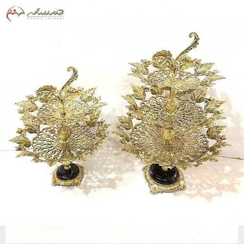 میوه خوری برنزی 3 طبقه و 2 طبقه مدل برگ پر نقش با پایه سنگی، کیفیت اعلاء - هنرظریف