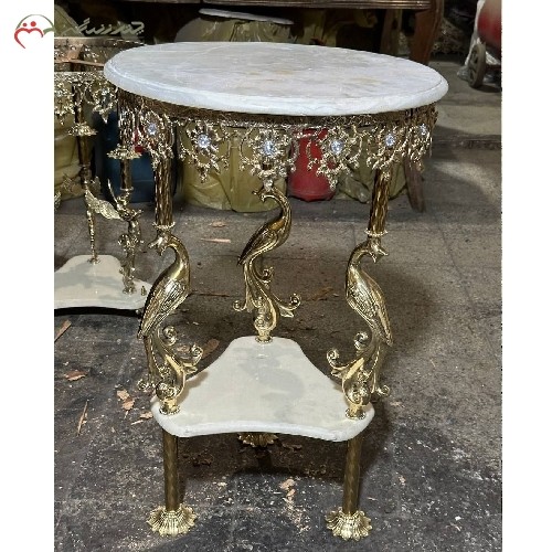 میز 3 پایه ی برنزی 2 طبقه در طرح آفتاب با صفحه سنگ مرمر، ثبات رنگ و کیفیت عالی - هنرظریف